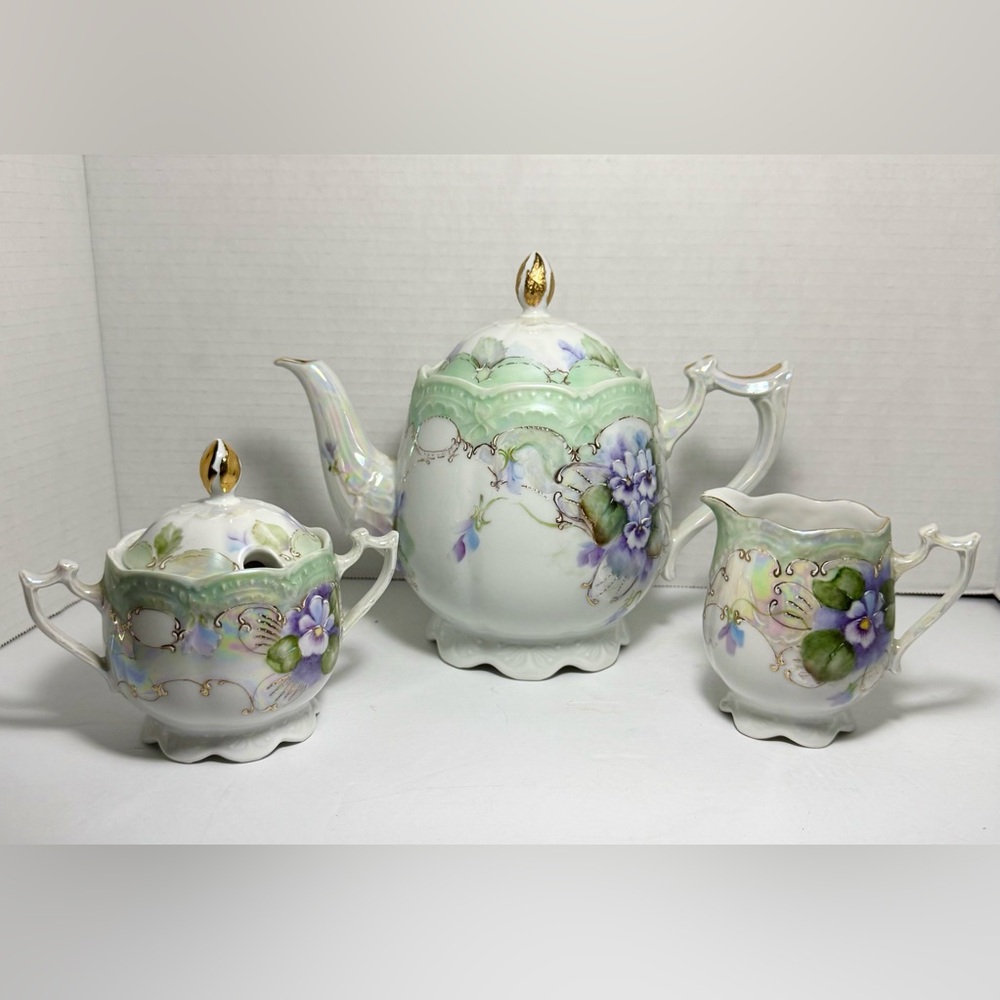 Vintage Viktoria Hutschenreuther 1814 Teapot Creamer Sugar Bowl Purple Pansies